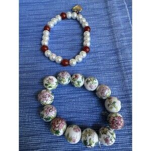 Vintage Cloisonné Floral Bead Bracelet & Pearl Red Bead Heart Charm Bracelet Lot